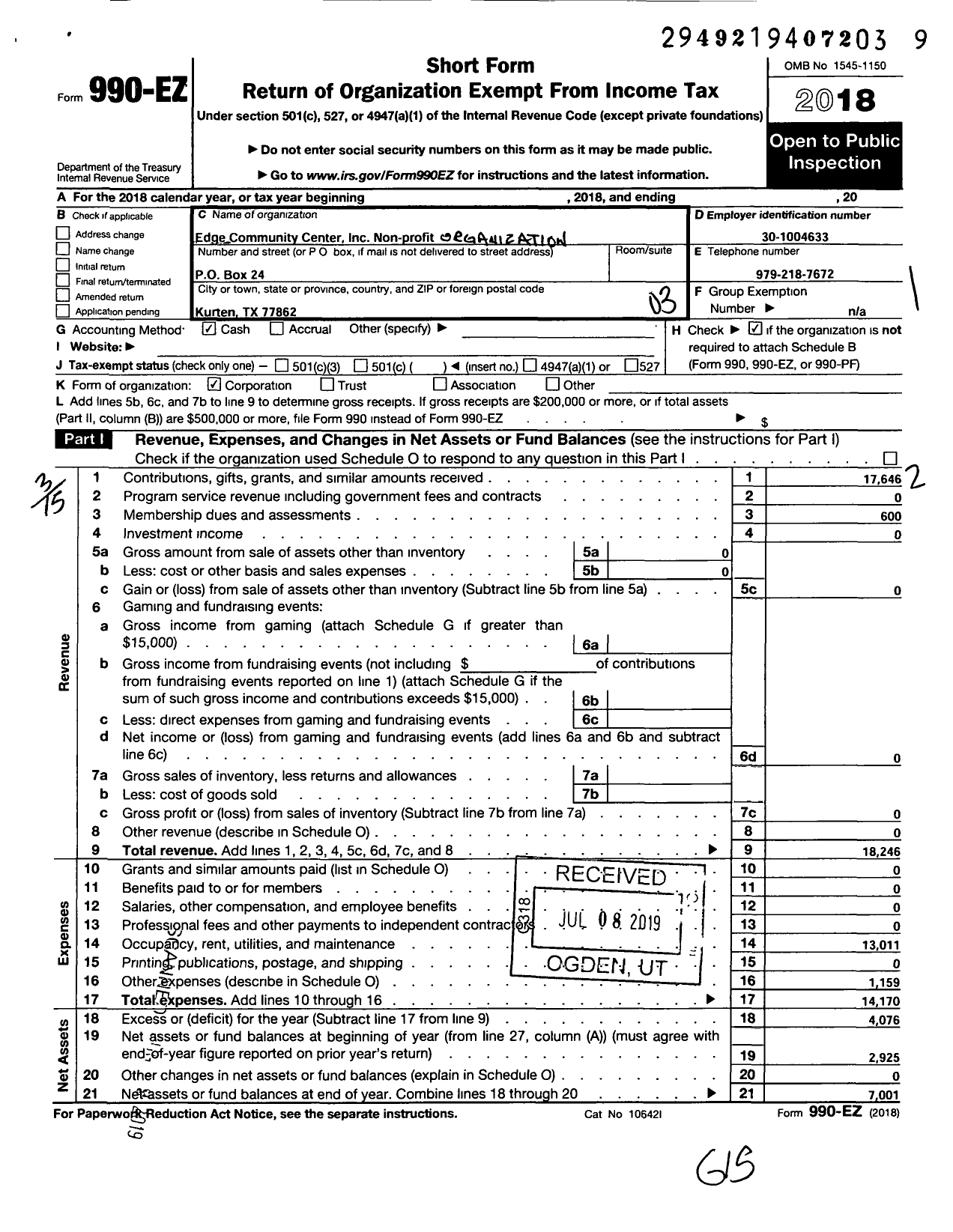 Image of first page of 2018 Form 990EZ for Edge Community Cetner A Non-Profit Organiazation