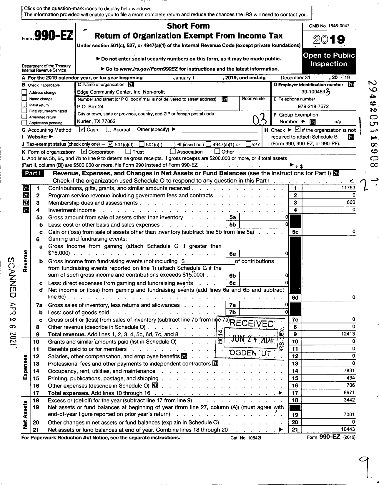 Image of first page of 2019 Form 990EZ for Edge Community Cetner A Non-Profit Organiazation