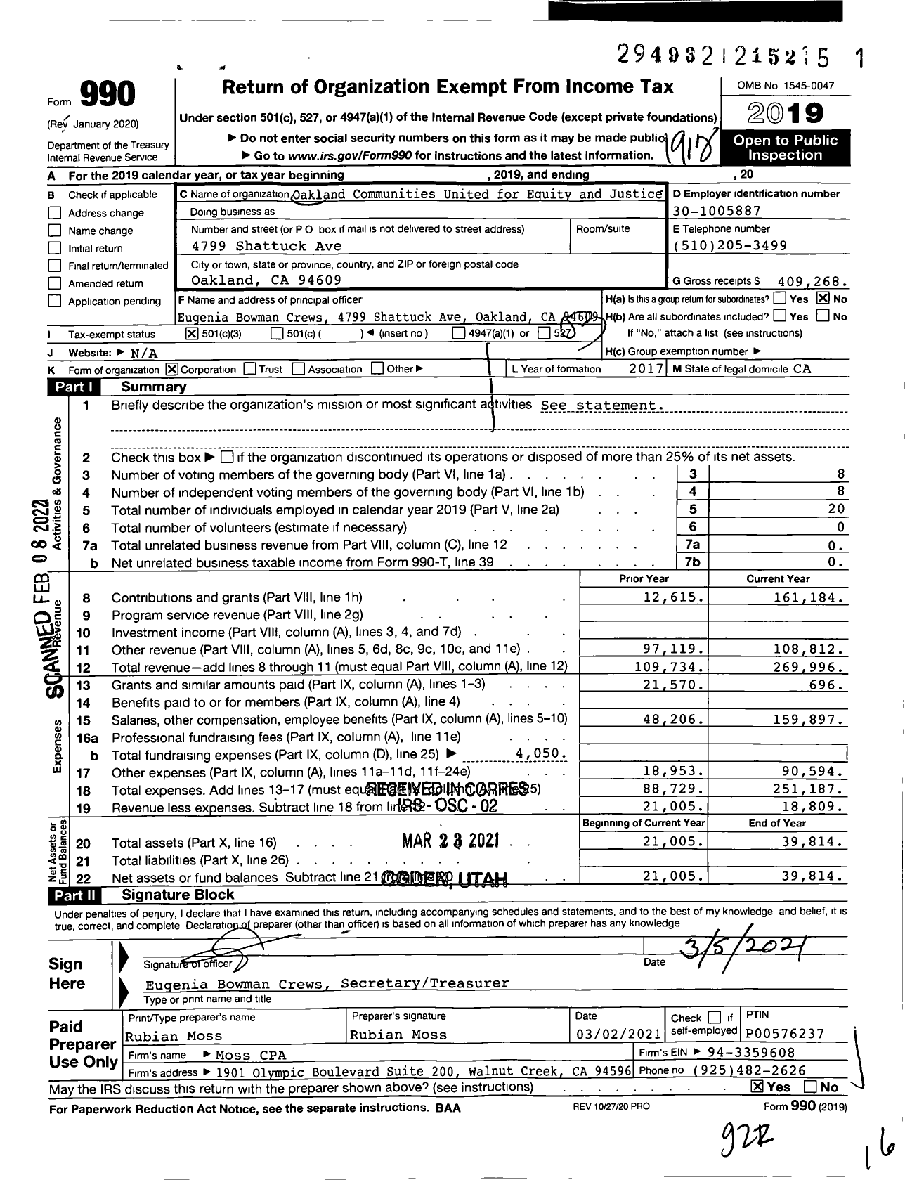 Image of first page of 2019 Form 990 for Oakland Communities United for Equity and Justice