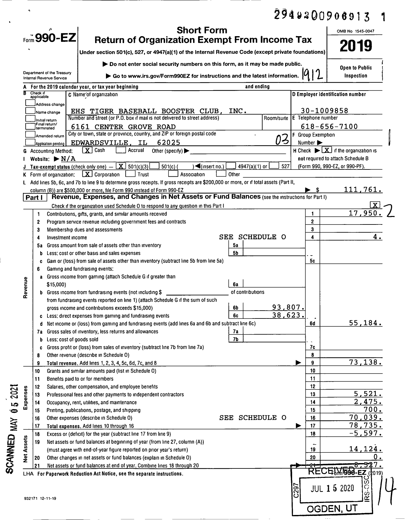 Image of first page of 2019 Form 990EZ for Ehs Tiger Baseball Booster Club