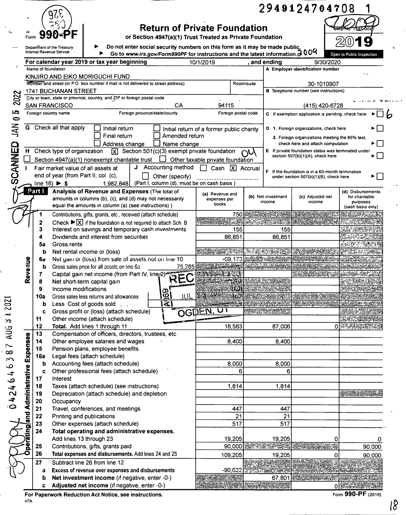 Image of first page of 2019 Form 990PF for Kinjiro and Eiko Moriguchi Fund