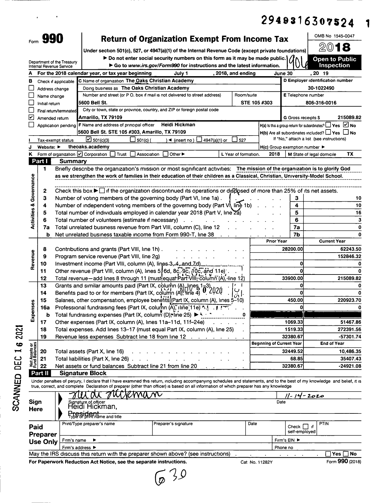 Image of first page of 2018 Form 990 for Oaks Christian Academy