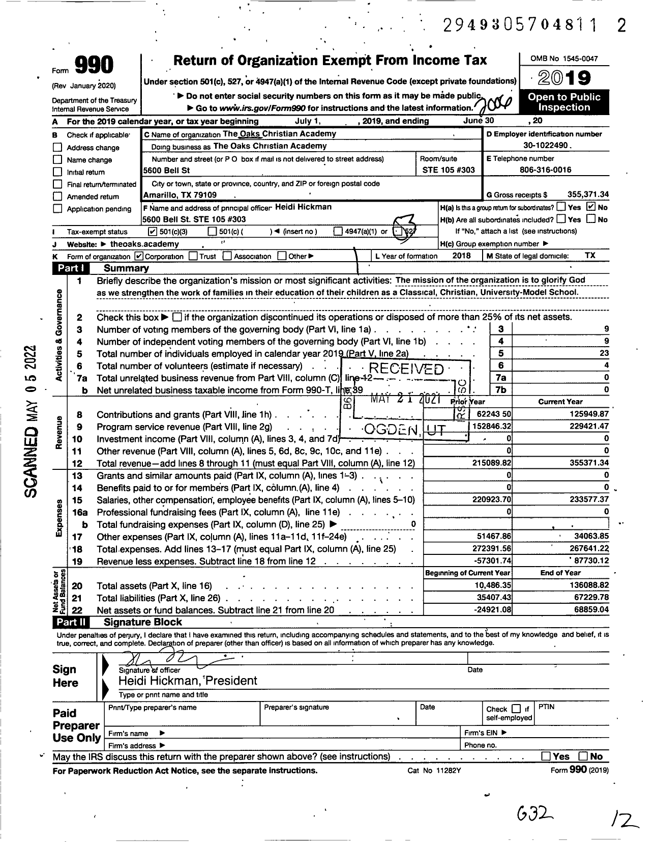 Image of first page of 2019 Form 990 for Oaks Christian Academy