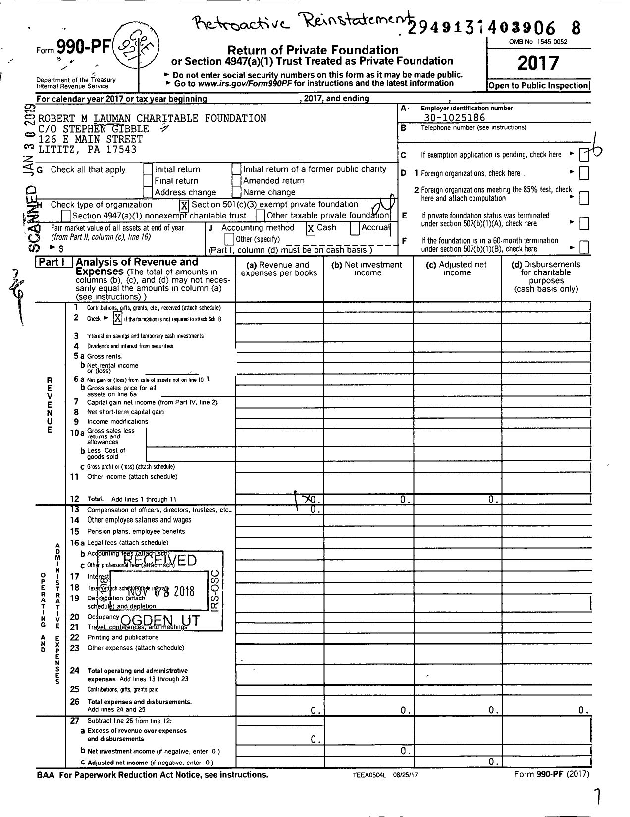 Image of first page of 2017 Form 990PF for Robert M Lauman Charitable FND