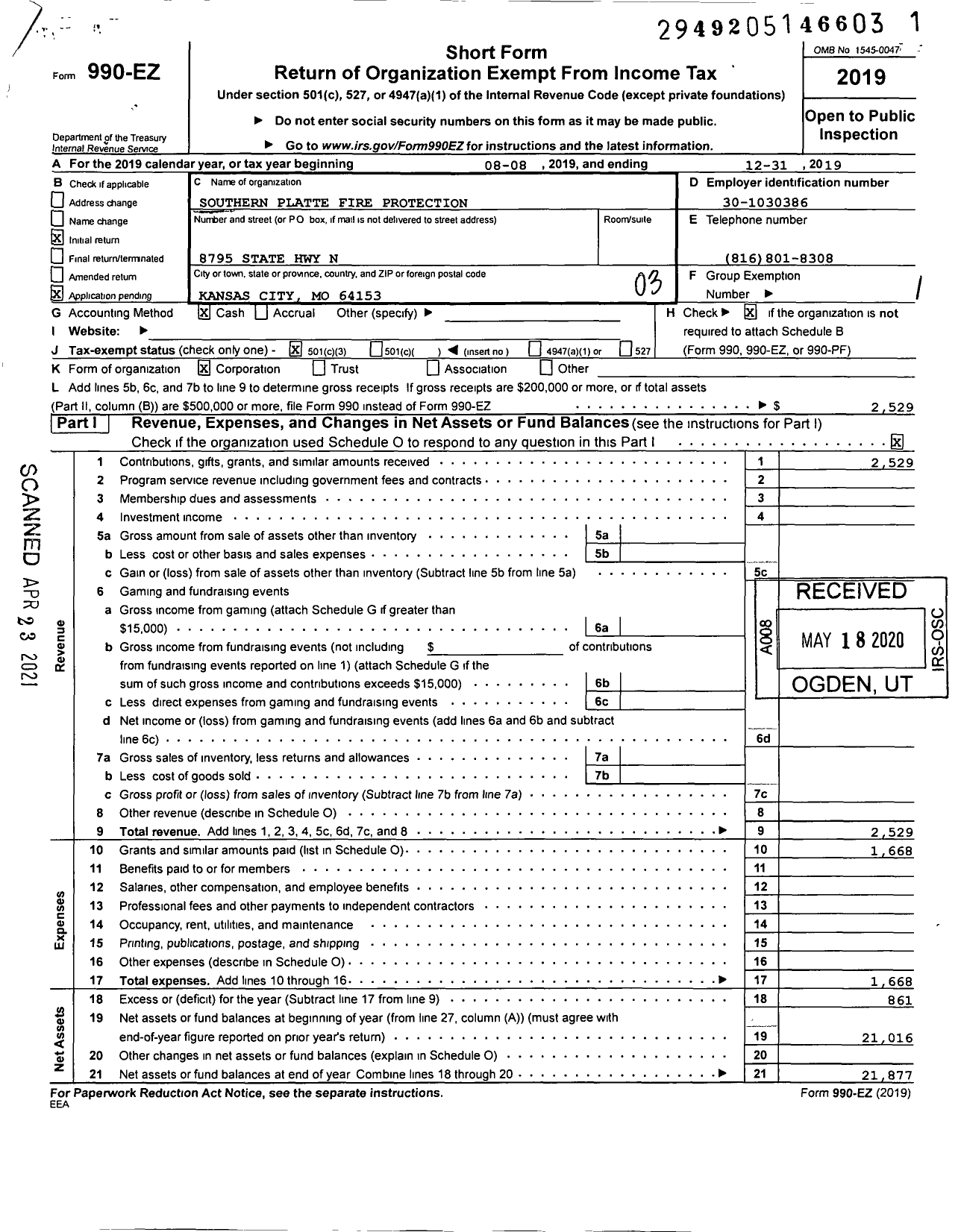 Image of first page of 2019 Form 990EZ for Southern Platte Firefighters Association