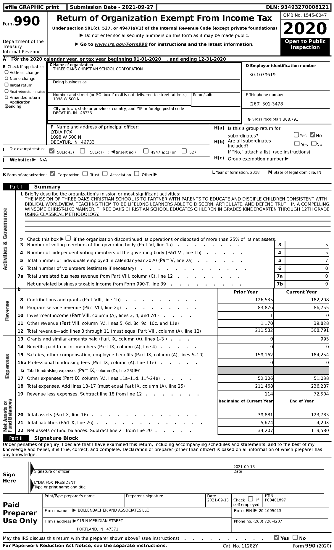 Image of first page of 2020 Form 990 for Three Oaks Christian School Corporation