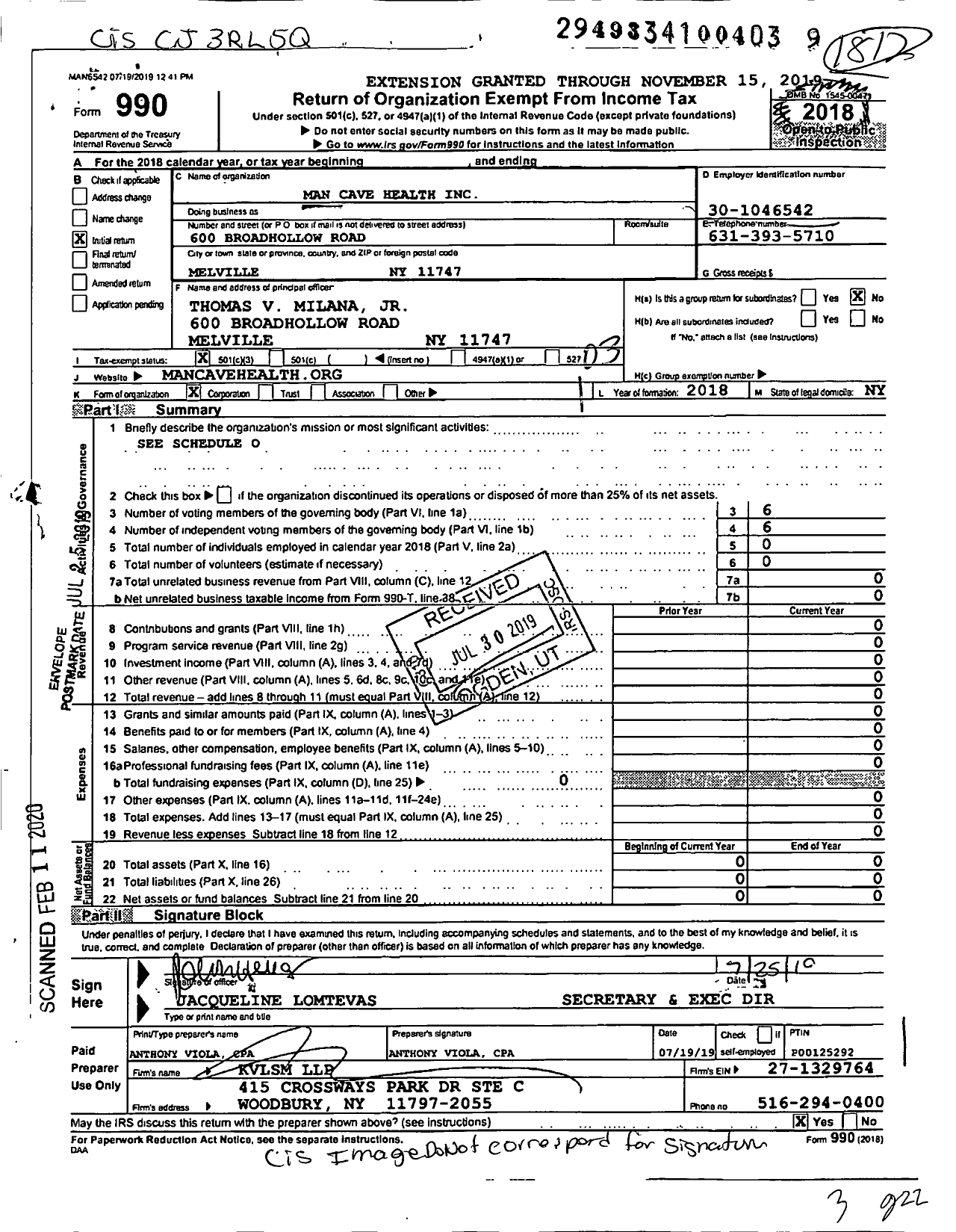 Image of first page of 2018 Form 990 for Man Cave Health