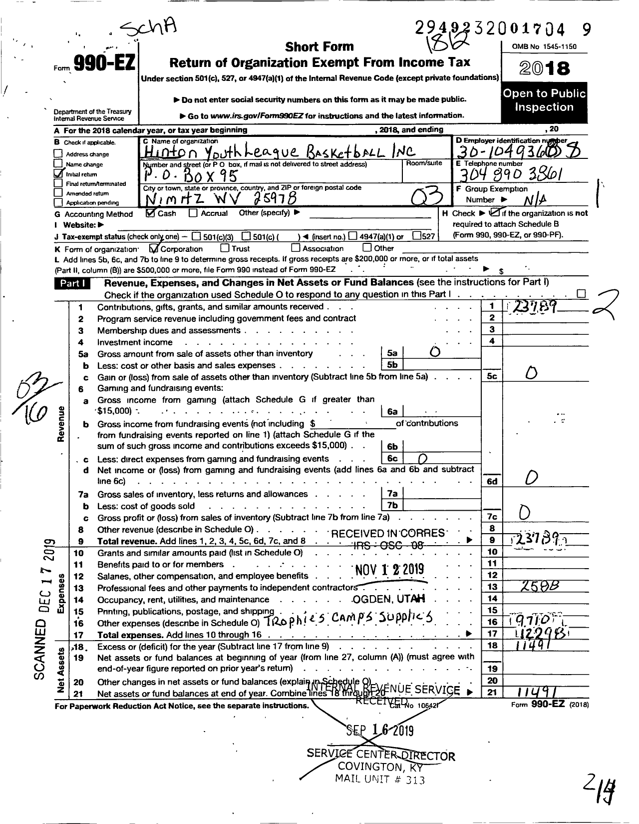 Image of first page of 2018 Form 990EZ for Hinton Youth League Basketball