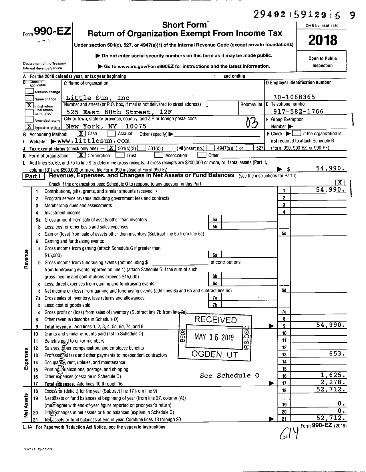 Image of first page of 2018 Form 990EZ for Little Sun