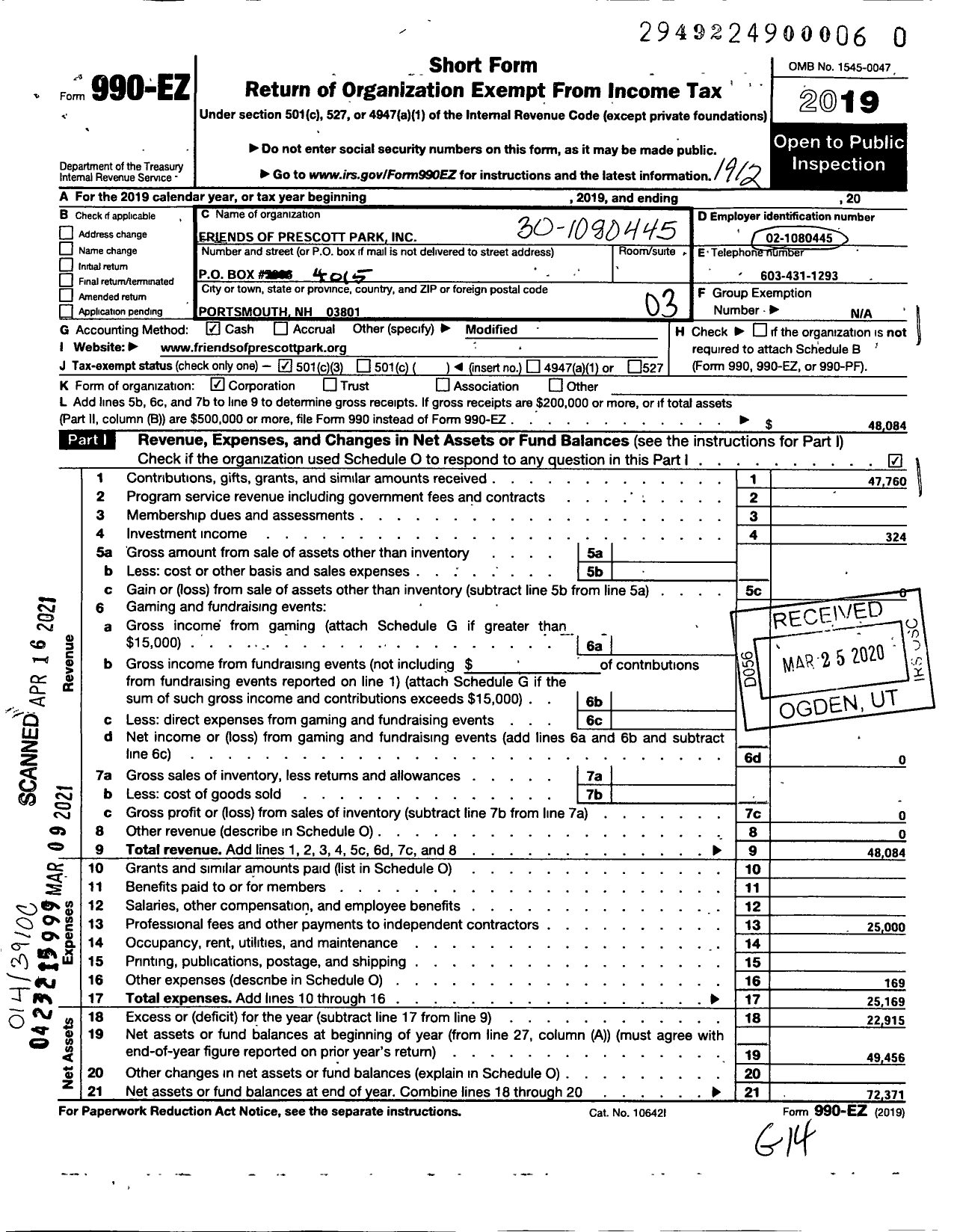 Image of first page of 2019 Form 990EZ for Friends of Prescott Park