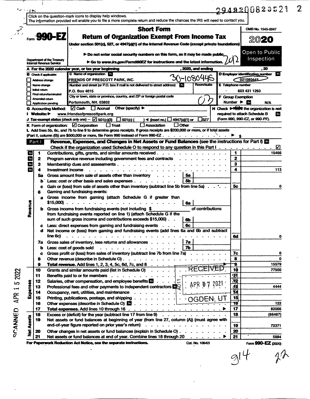 Image of first page of 2020 Form 990EZ for Friends of Prescott Park