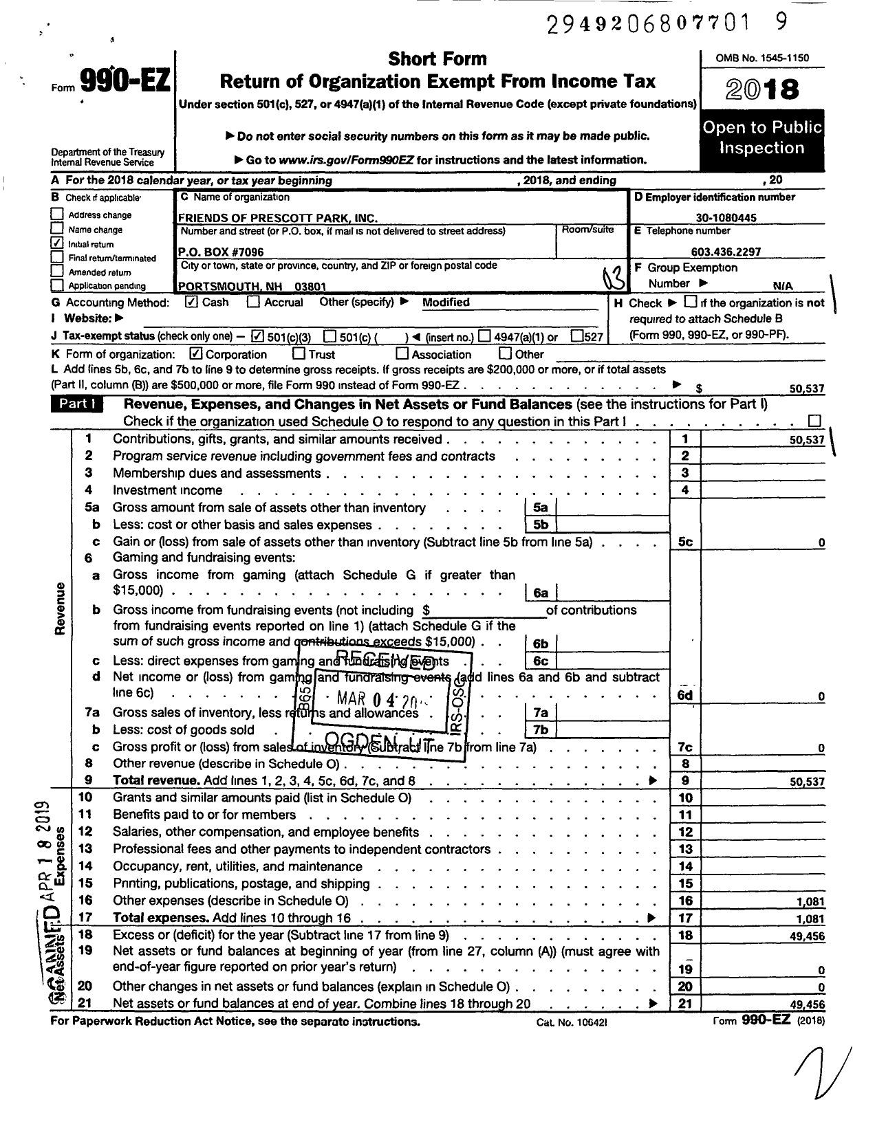 Image of first page of 2018 Form 990EZ for Friends of Prescott Park