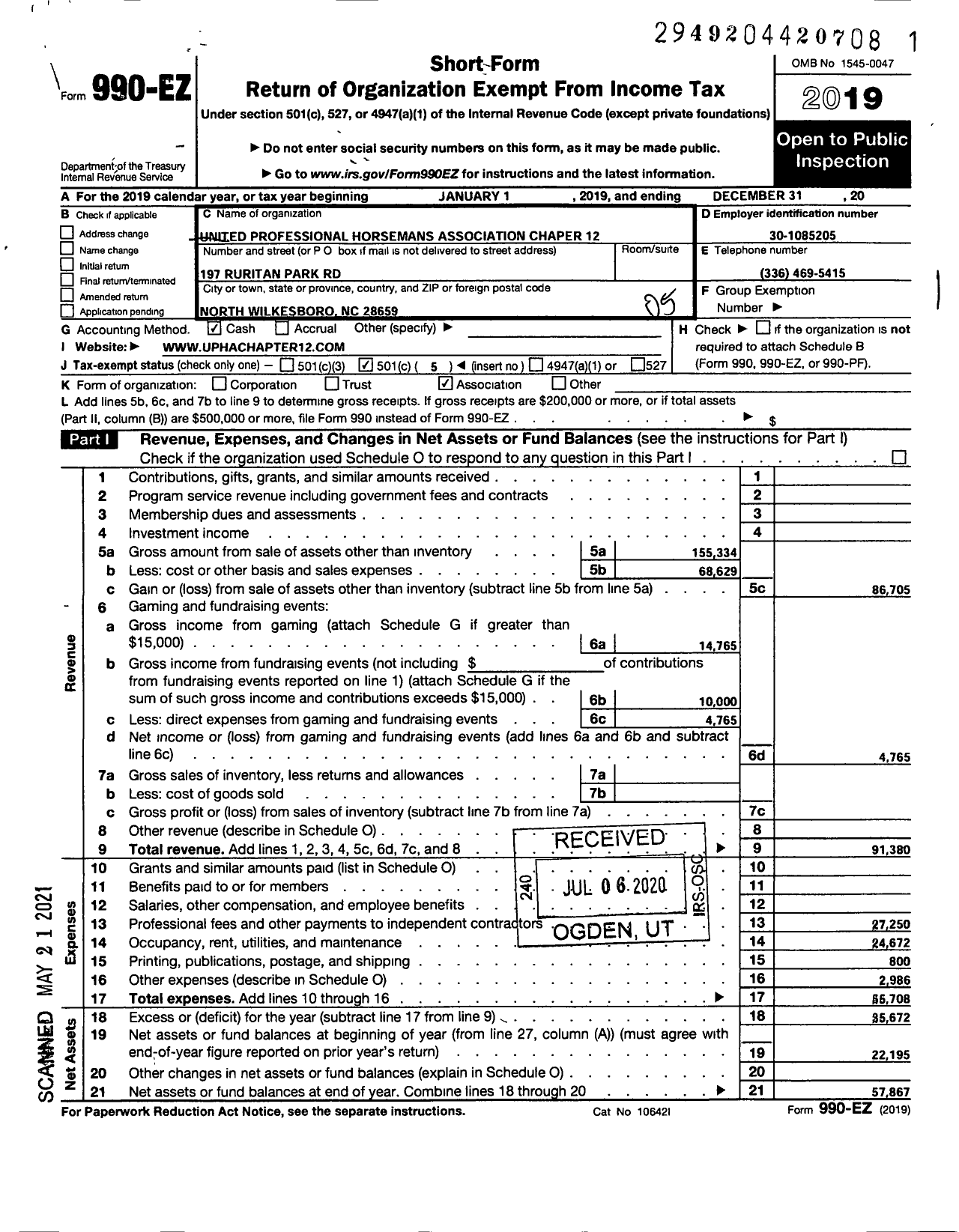 Image of first page of 2020 Form 990EO for United Professional Horsemens Association Chapter 12