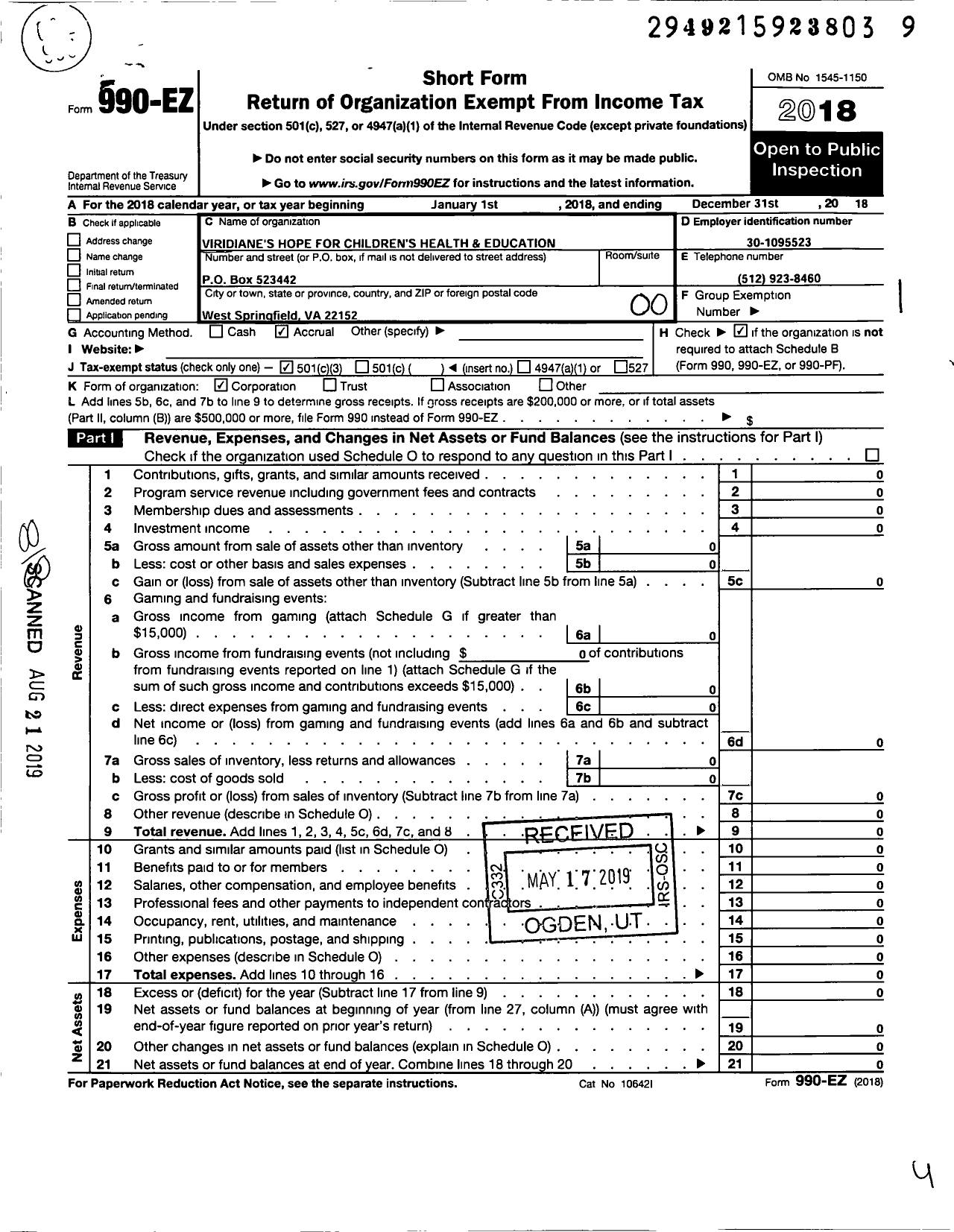 Image of first page of 2018 Form 990EO for Viridianes Hope for Childrens Health and Education Corporation