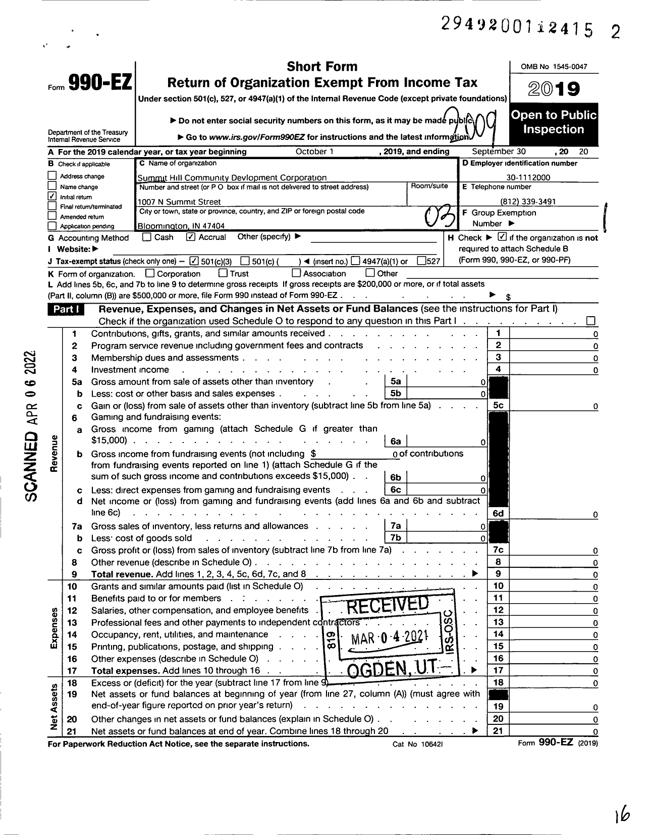 Image of first page of 2019 Form 990EZ for Summit Hill Community Development Corporation