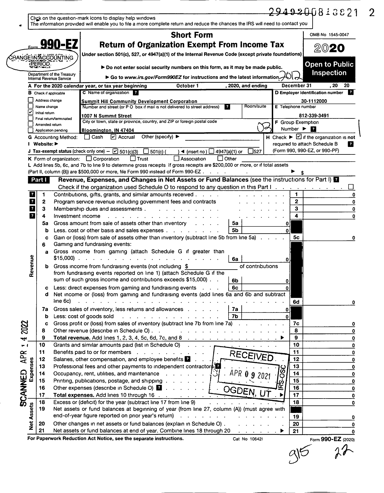 Image of first page of 2020 Form 990EZ for Summit Hill Community Development Corporation