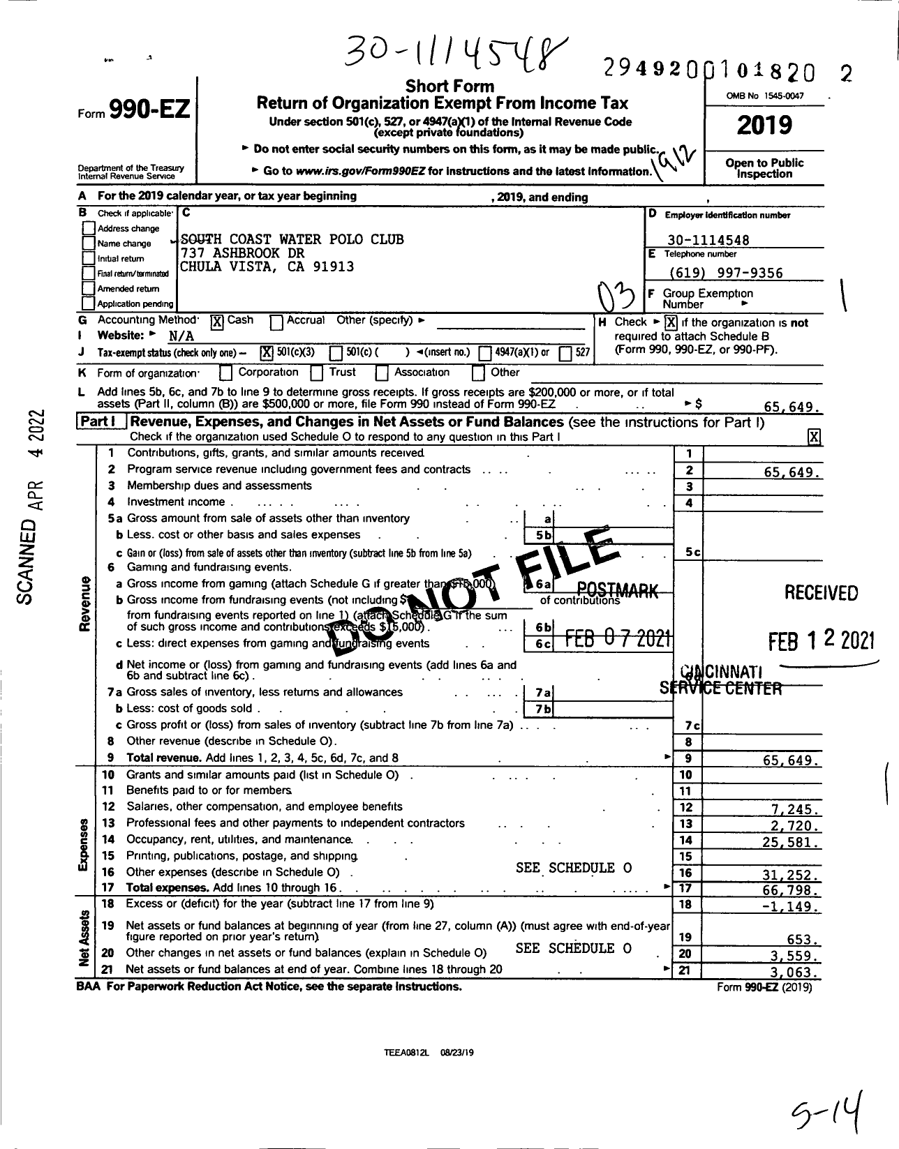 Image of first page of 2019 Form 990EZ for South Coast Water Polo Club