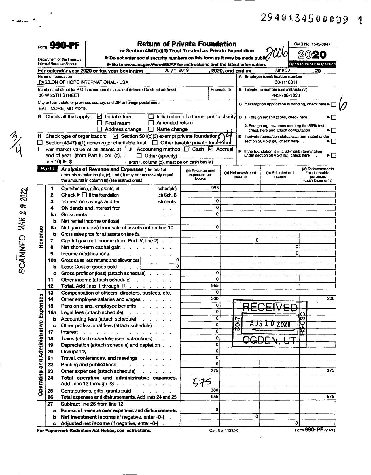 Image of first page of 2019 Form 990PF for Passion of Hope International USA