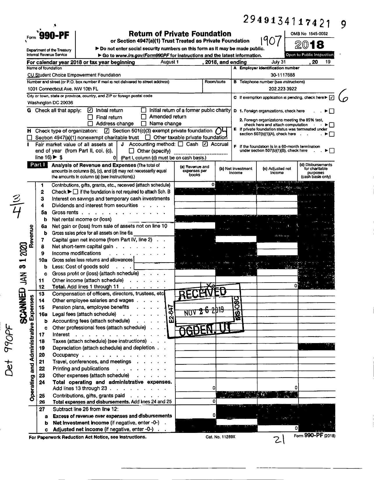 Image of first page of 2018 Form 990PF for Cu Student Choice Empowerment Foundation