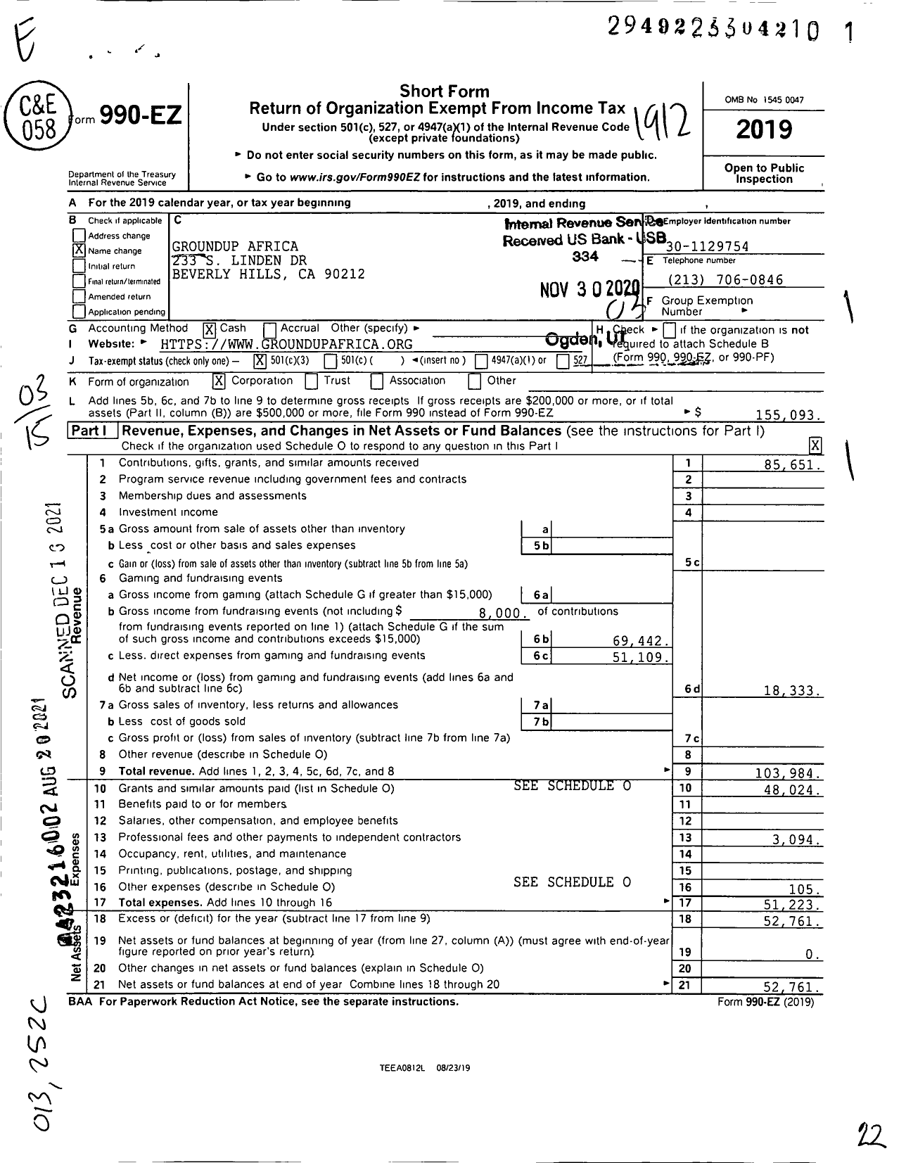 Image of first page of 2019 Form 990EZ for Groundup Africa