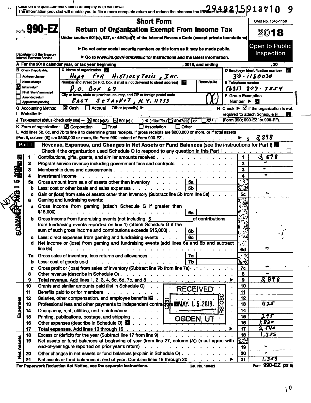 Image of first page of 2018 Form 990EO for Hope for Histiocytosis