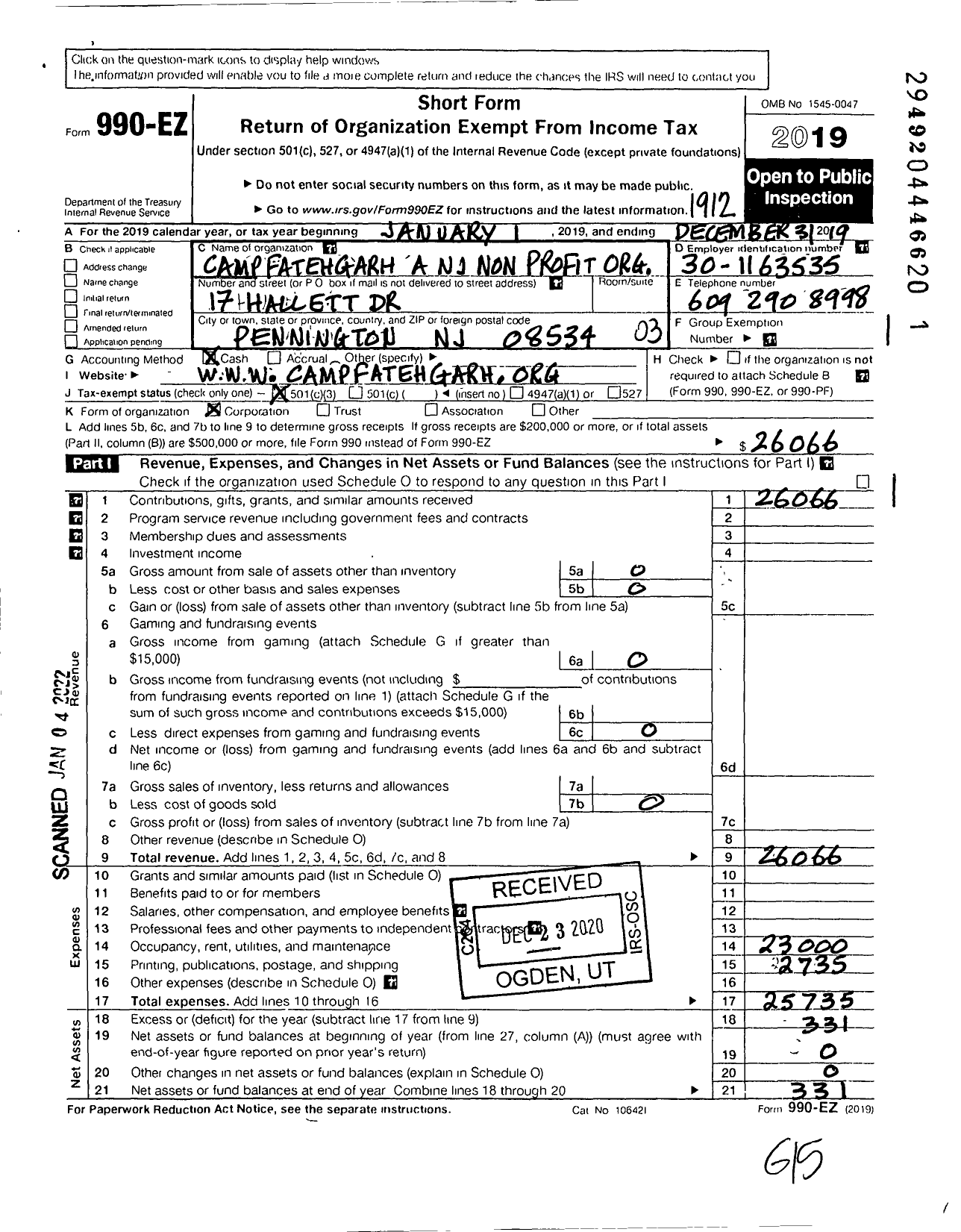 Image of first page of 2019 Form 990EZ for Camp Fatehgarh A NJ Non Profit Corporation