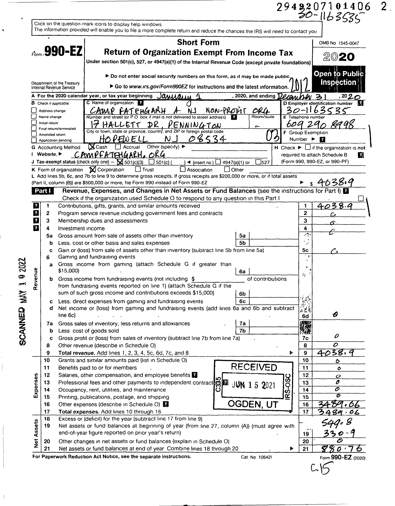 Image of first page of 2020 Form 990EZ for Camp Fatehgarh A NJ Non Profit Corporation