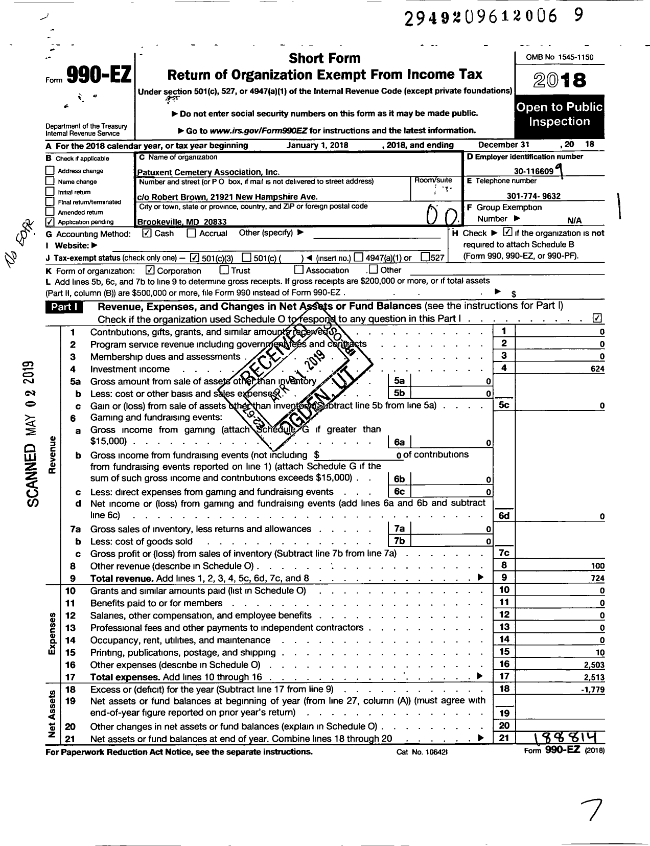 Image of first page of 2018 Form 990EO for Patuxent Cemetery Association