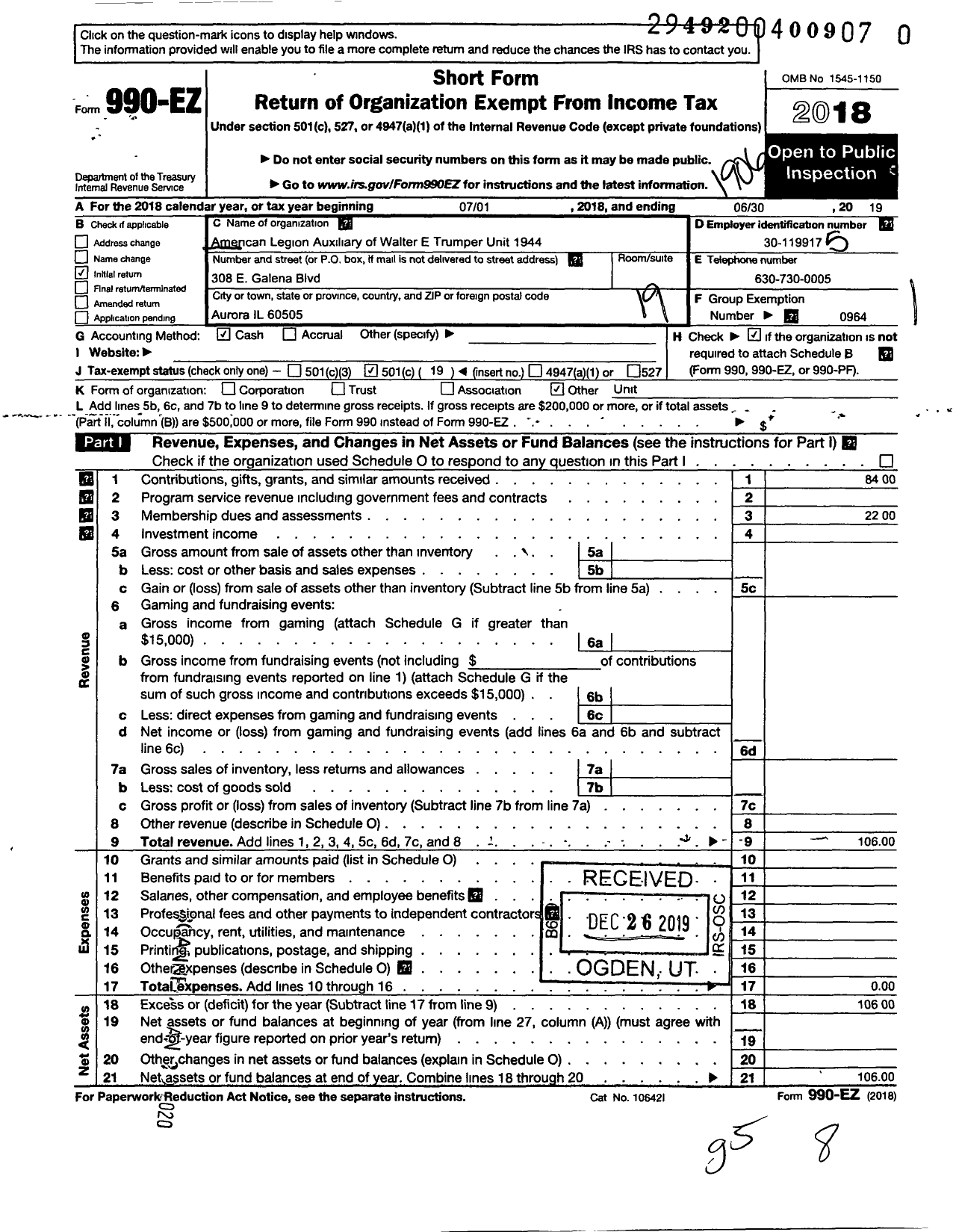 Image of first page of 2018 Form 990EO for American Legion Auxiliary - Mary Qureshi