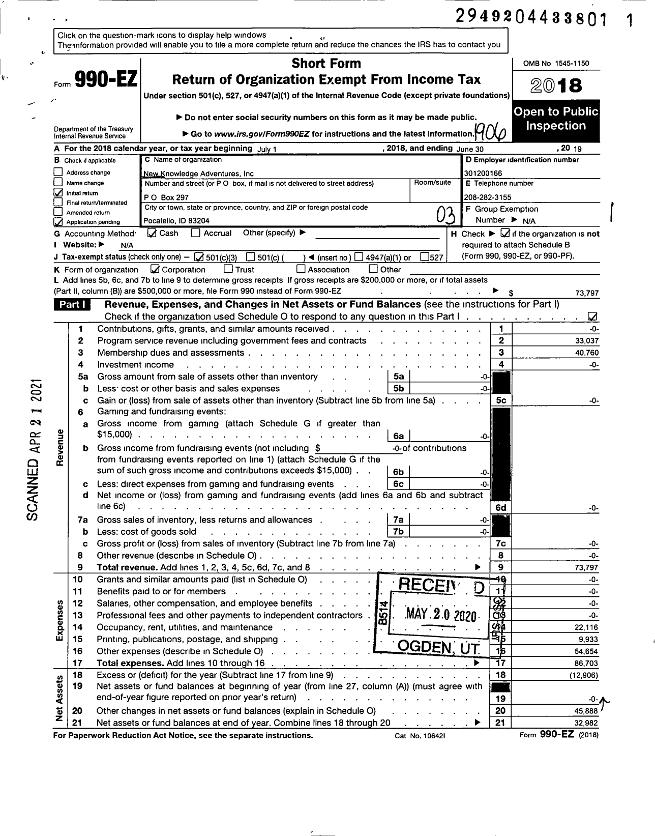 Image of first page of 2018 Form 990EZ for New Knowledge Adventures