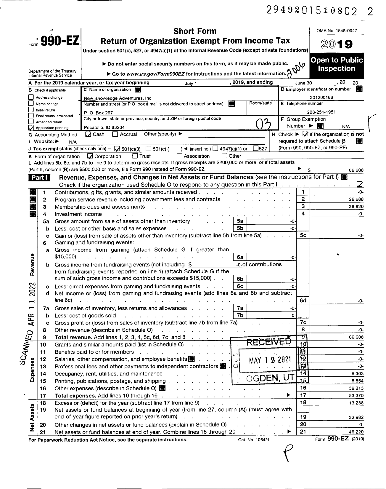 Image of first page of 2019 Form 990EZ for New Knowledge Adventures