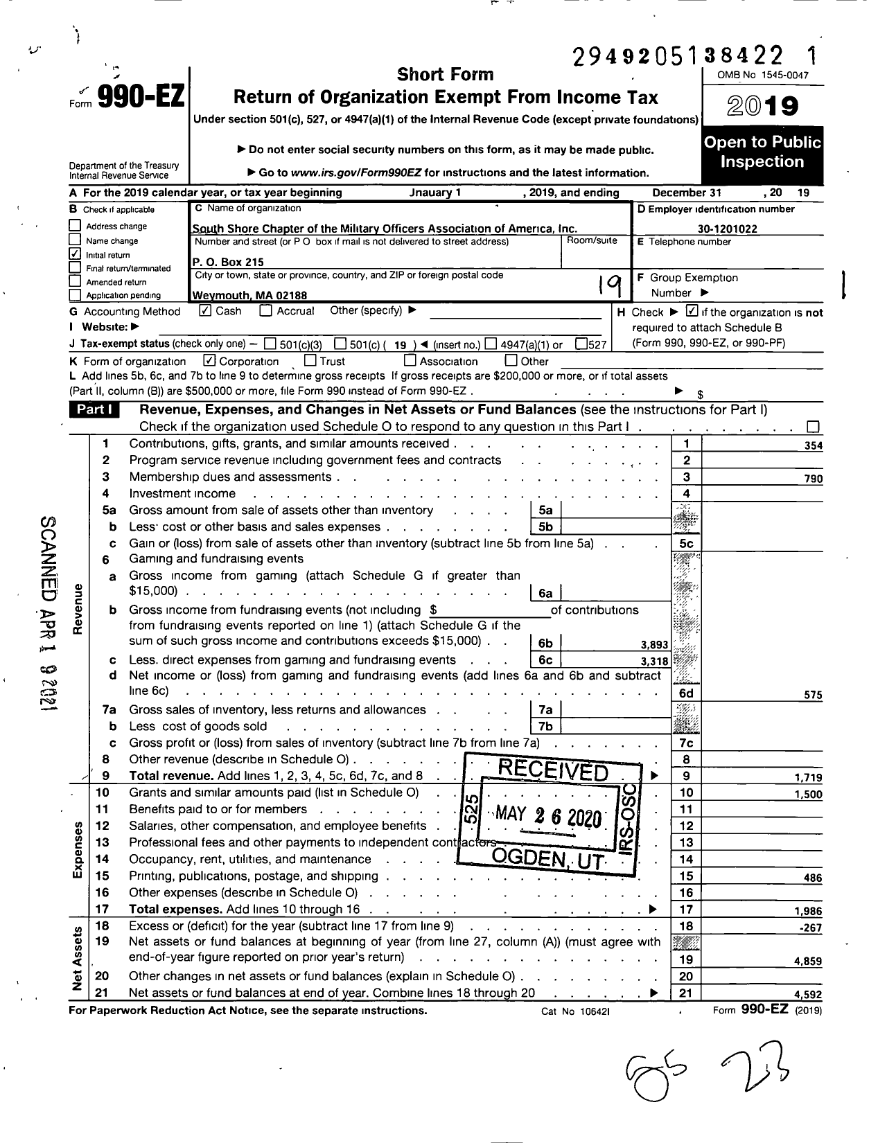 Image of first page of 2019 Form 990EO for South Shore Chapter of the Military Officers Association of America