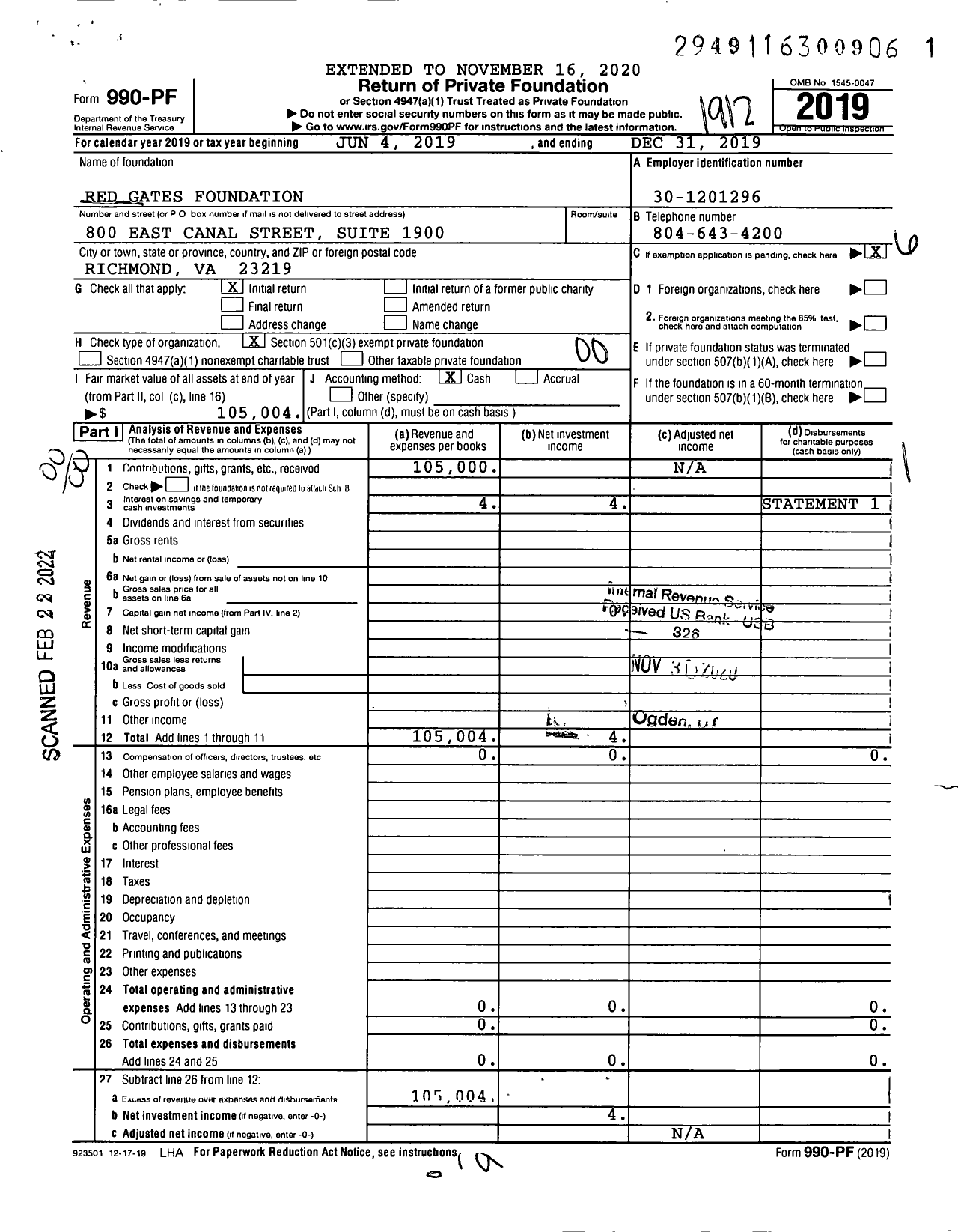Image of first page of 2019 Form 990PF for Red Gates Foundation