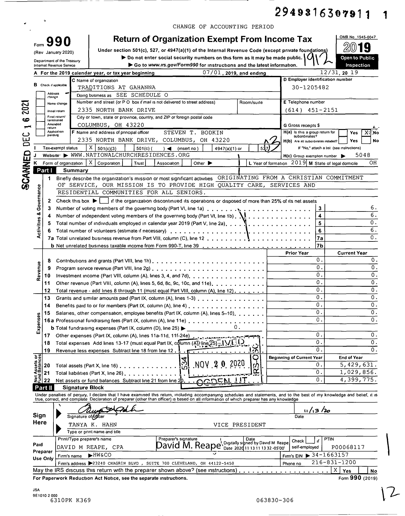 Image of first page of 2019 Form 990 for National Church Residences - Walnut Trace