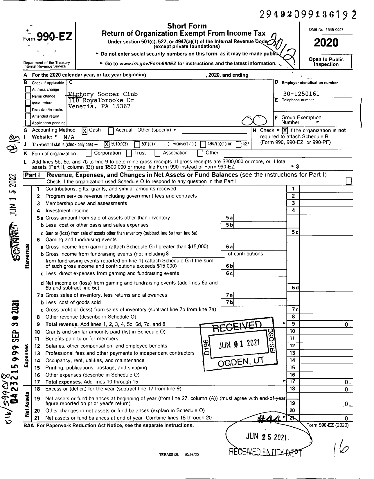 Image of first page of 2020 Form 990EO for Victory Soccer Club