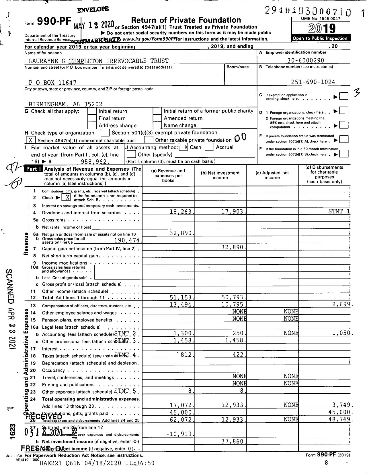 Image of first page of 2019 Form 990PF for Laurayne G Templeton Irrevocable Trust