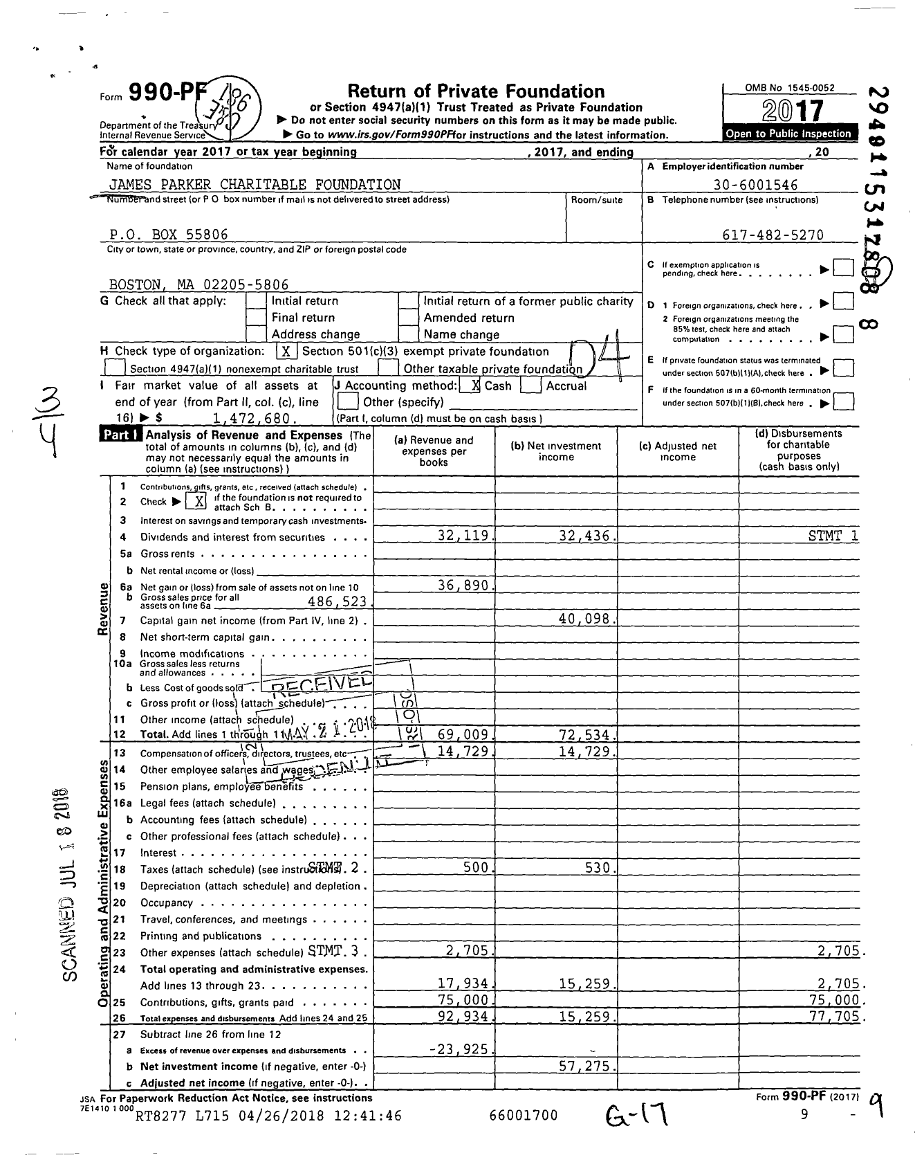 Image of first page of 2017 Form 990PF for James Parker Charitable Foundation