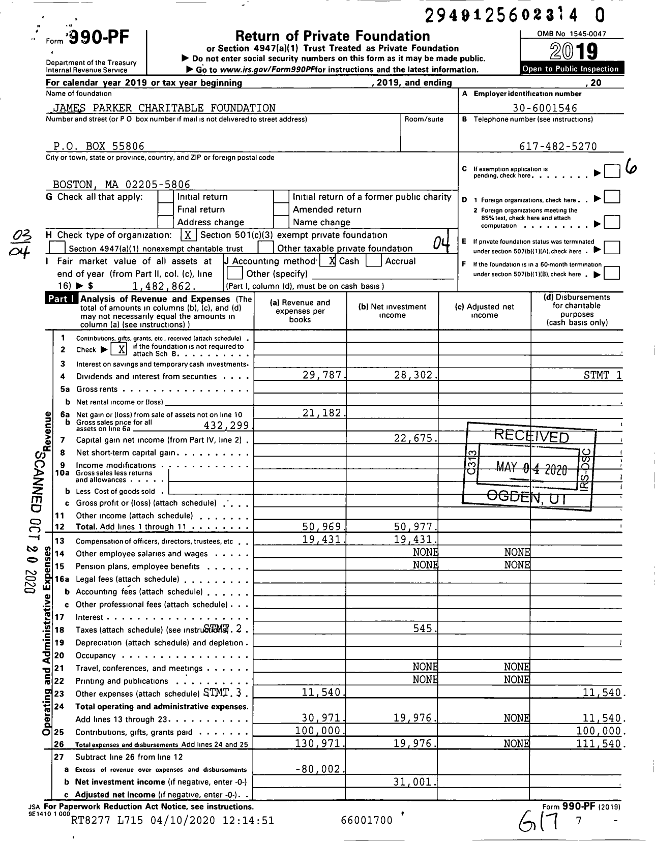 Image of first page of 2019 Form 990PR for James Parker Charitable Foundation