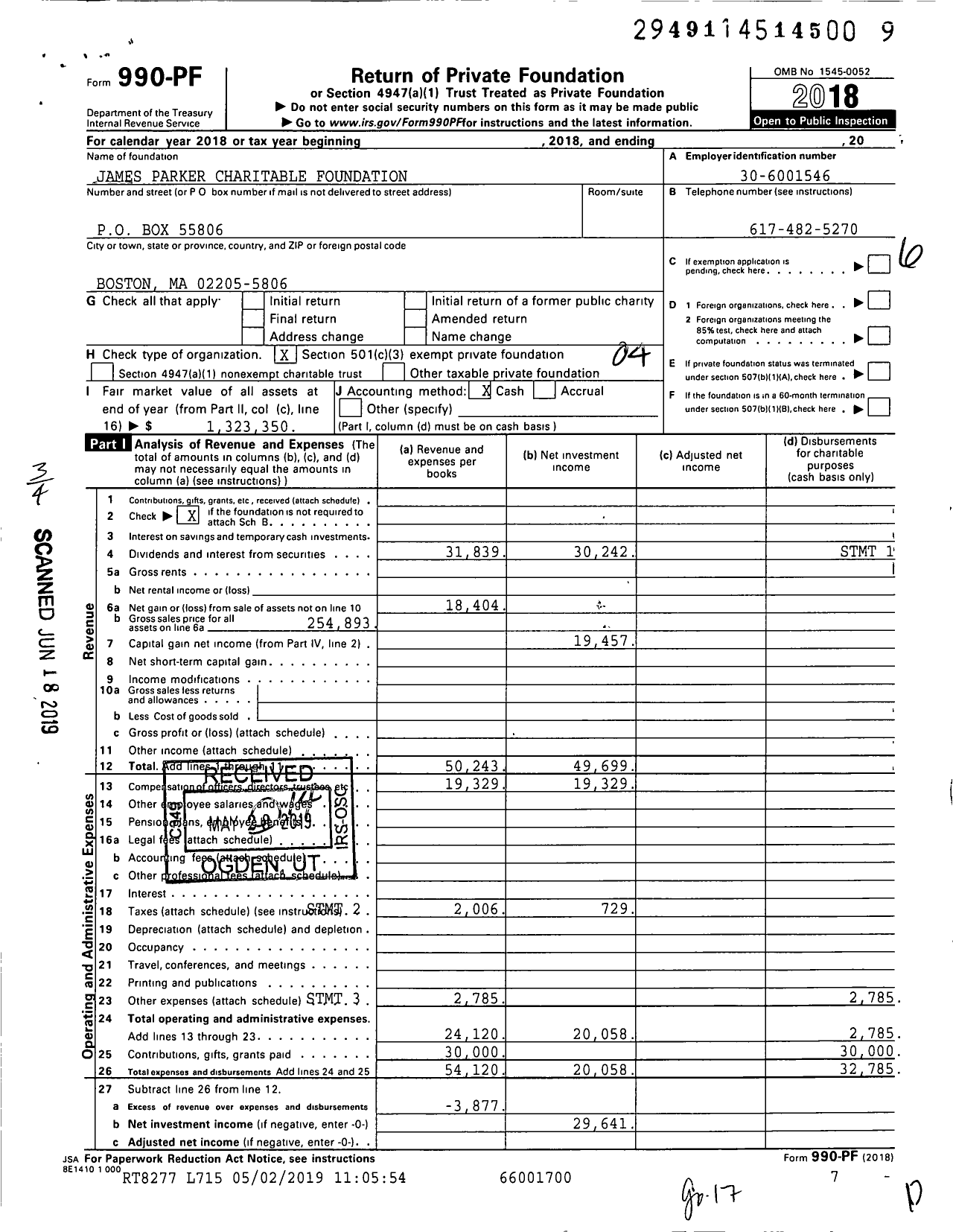 Image of first page of 2018 Form 990PF for James Parker Charitable Foundation