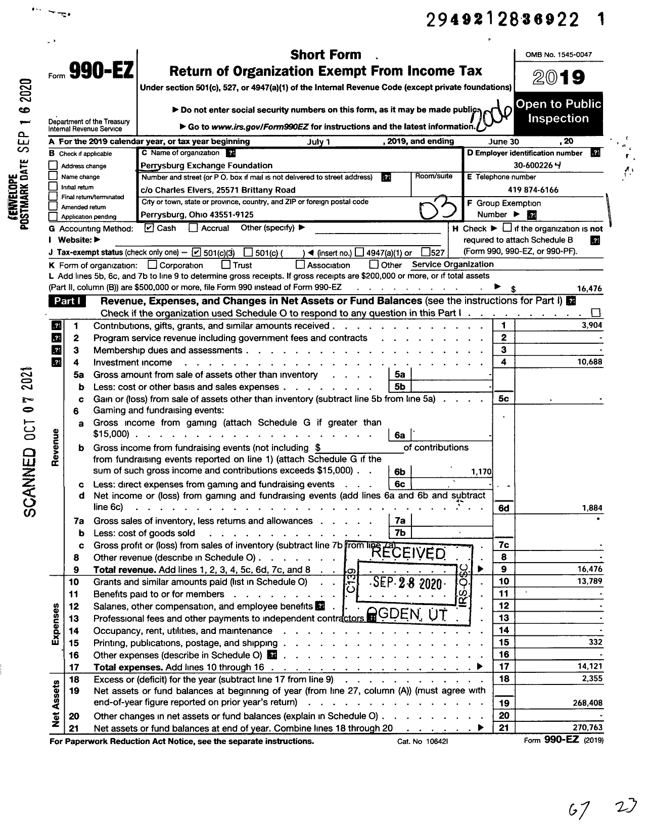 Image of first page of 2019 Form 990EZ for Perrysburg Exchange Foundation Trust