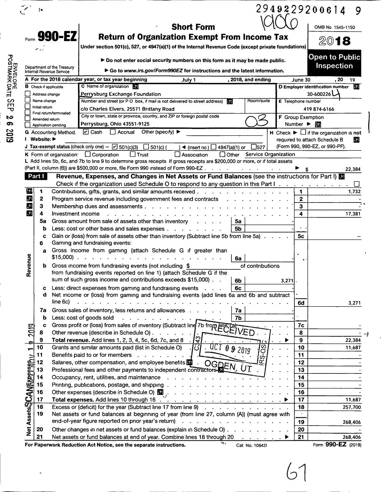 Image of first page of 2018 Form 990EZ for Perrysburg Exchange Foundation Trust