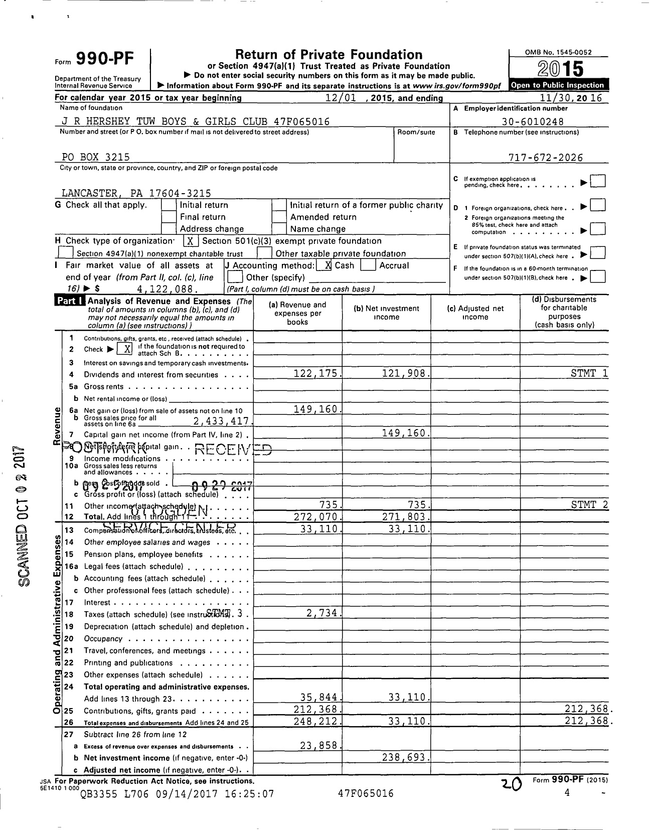 Image of first page of 2015 Form 990PF for J R Hershey Tuw Boys and Girls Club 47f065016
