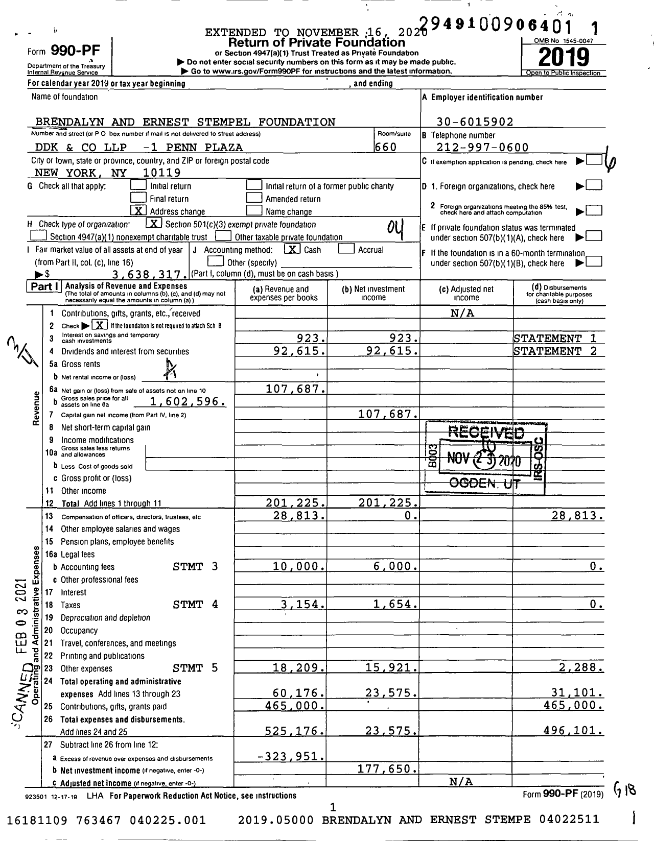 Image of first page of 2019 Form 990PF for Brendalyn and Ernest Stempel Foundation