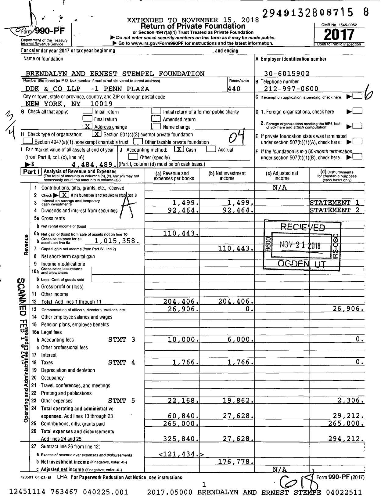 Image of first page of 2017 Form 990PF for Brendalyn and Ernest Stempel Foundation