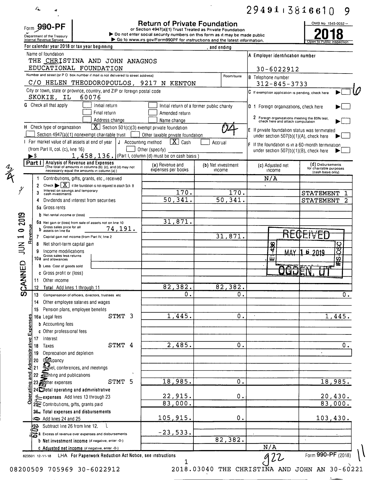 Image of first page of 2018 Form 990PF for The Christina and John Anagnos Educational Foundation