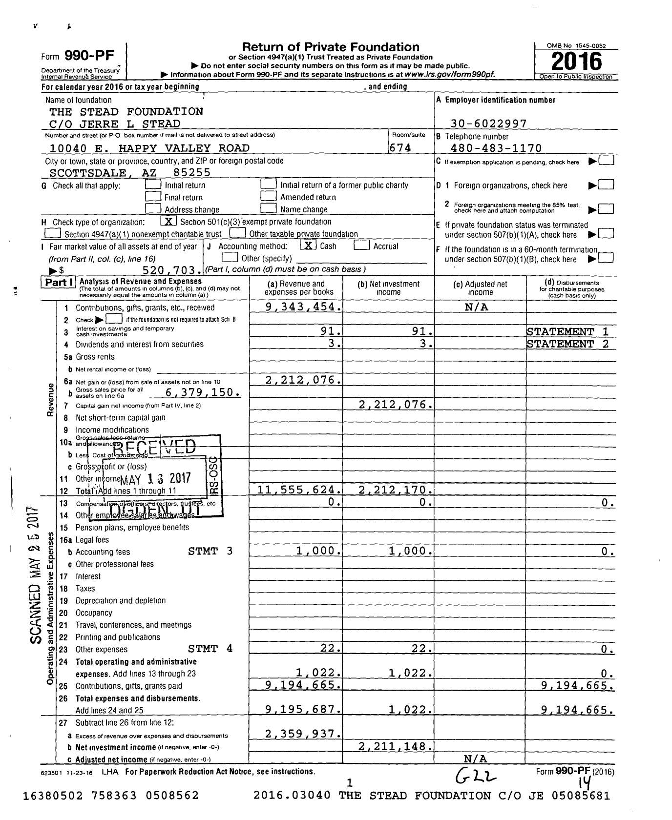 Image of first page of 2016 Form 990PF for The Stead Foundation