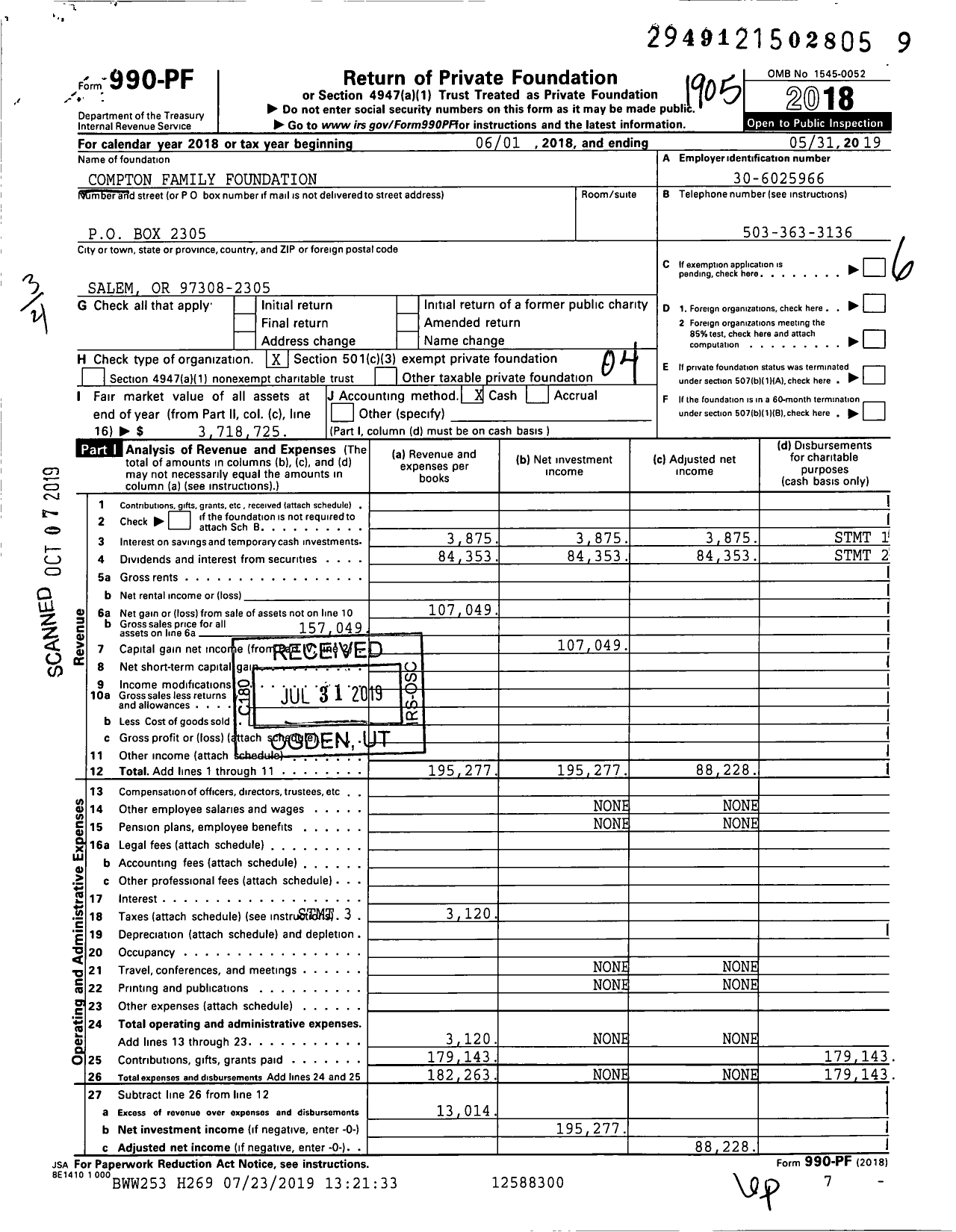 Image of first page of 2018 Form 990PF for Compton Family Foundation