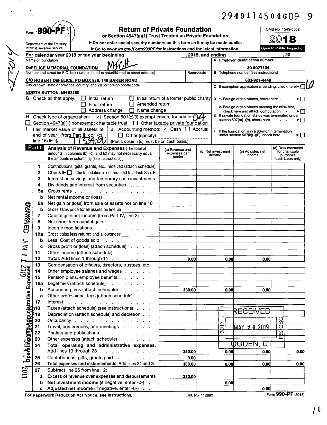 Image of first page of 2018 Form 990PF for Michelle Defelice Memorial Foundation