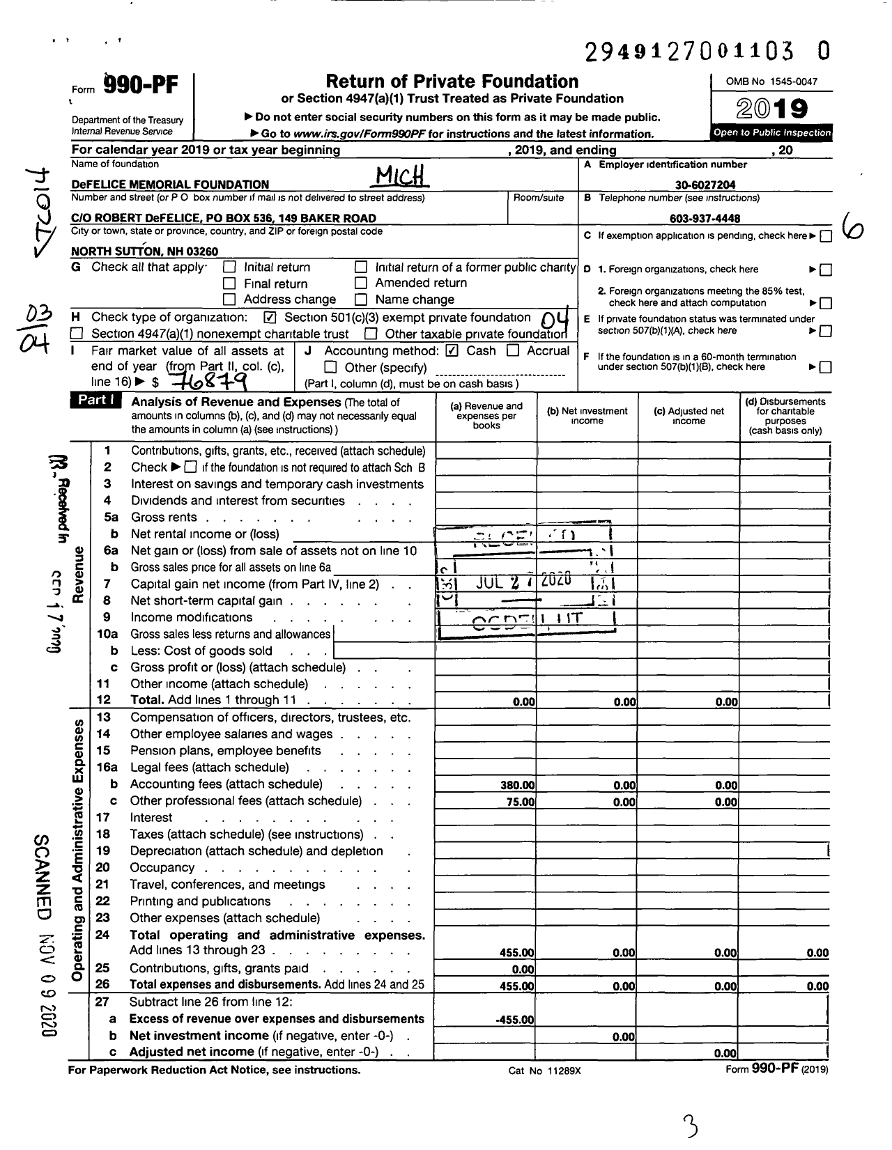 Image of first page of 2019 Form 990PF for Michelle Defelice Memorial Foundation