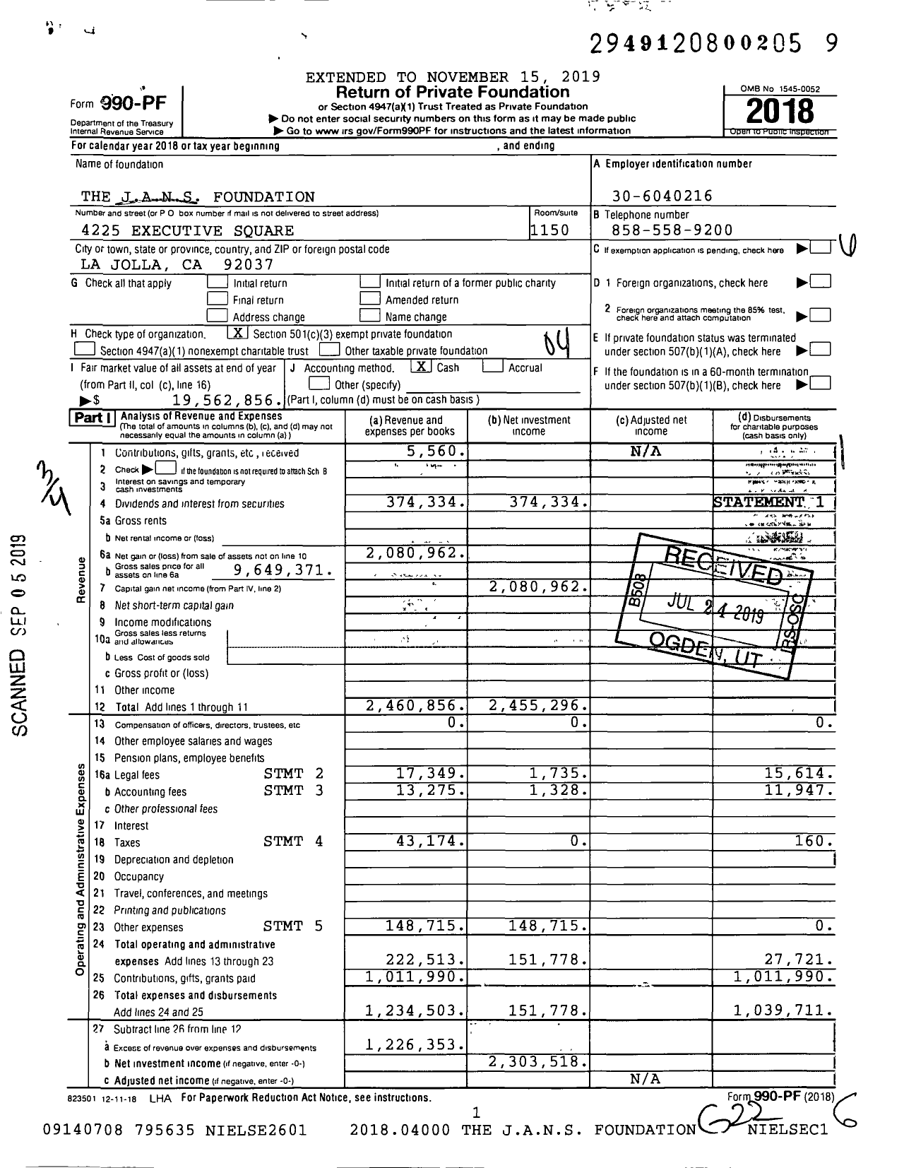 Image of first page of 2018 Form 990PF for Jans Foundation